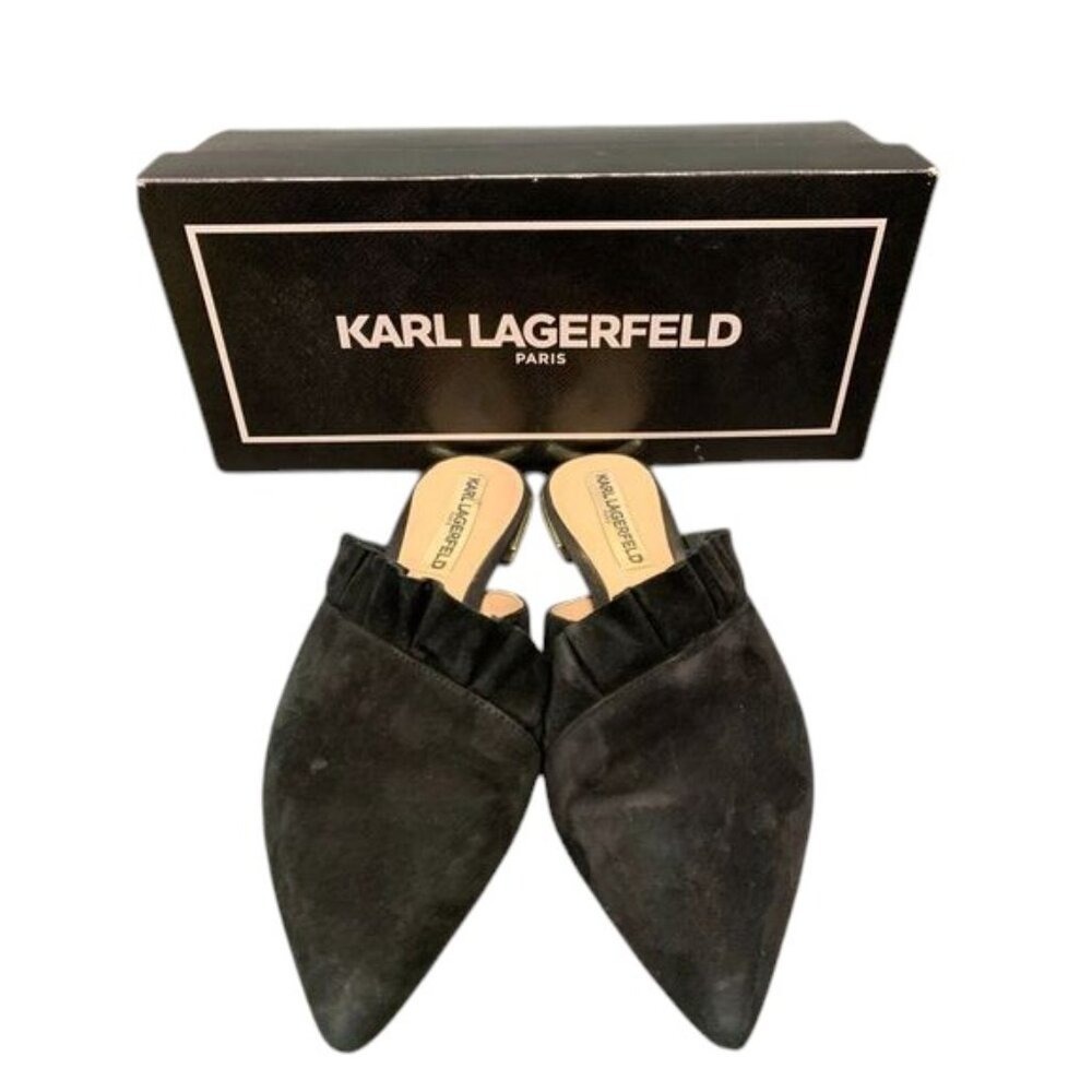Karl Lagerfeld Paris Women's Size 6M Black Farrah Ruffle Designer Slip On Slides